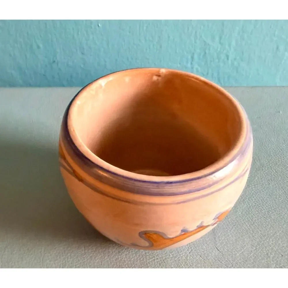 Italian Handpainted Majolica Signed Studio Pottery Cup Vase Blue Orange Wave